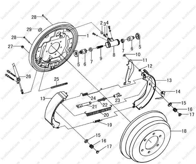 тормозные механизмы передних и задних колес, стояночный тормоз Dong Feng EQ1030, тормозные механизмы передних и задних колес, стояночный тормоз Донг Фенг И-Кью 1030