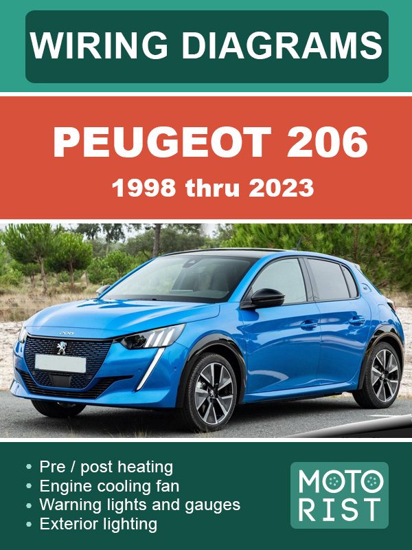 Peugeot 206 с 1998 по 2023 год, цветные электросхемы в электронном виде (на английском языке)