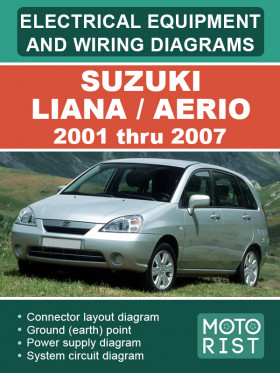 Электрооборудование и цветные электросхемы Suzuki Liana / Aerio с 2001 по 2007 год в формате PDF (на английском языке)