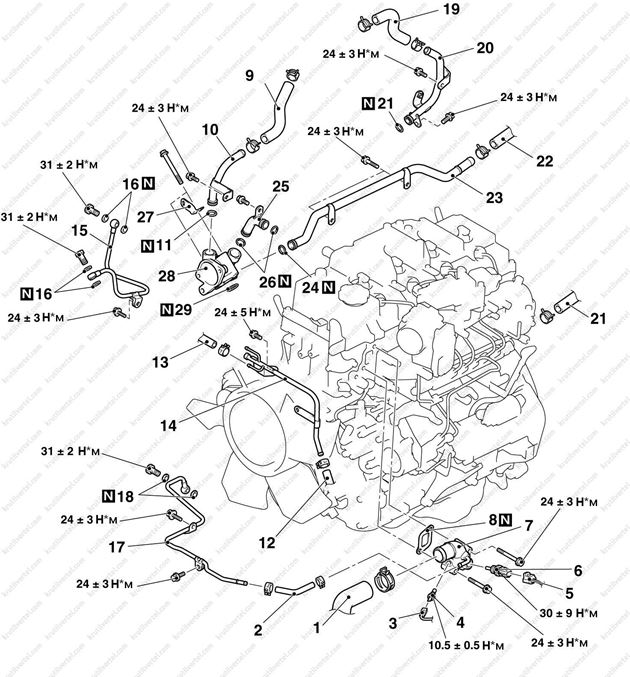 Mitsubishi Pajero 4 с 2006 года - водяные шланги и патрубки