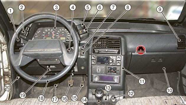 органы управления ВАЗ 2110, приборная панель Лада 2110, оборудование салона Богдан 2110